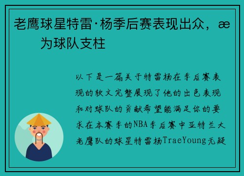 老鹰球星特雷·杨季后赛表现出众，成为球队支柱